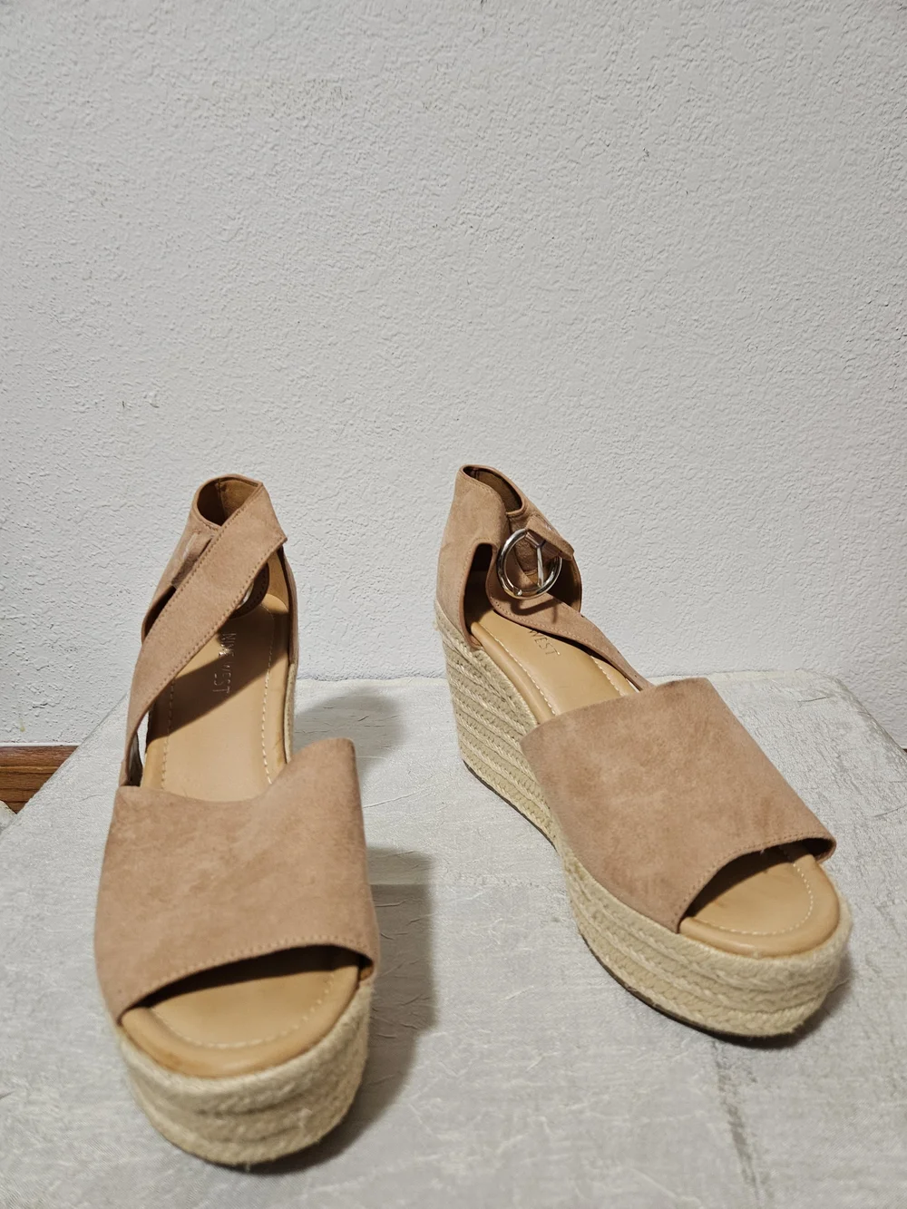 Nine West Tan Suede Espadrille Wedge Sandals with Ankle Wrap